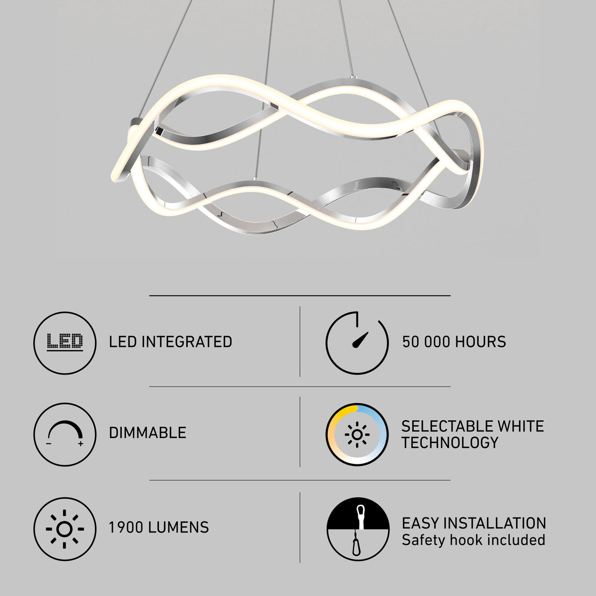 Artika Vanora LED pendant light 5 CCT, dimmable, 1900 lumens, 50,000 hrs, modern wave design, adjustable color temp, easy install.