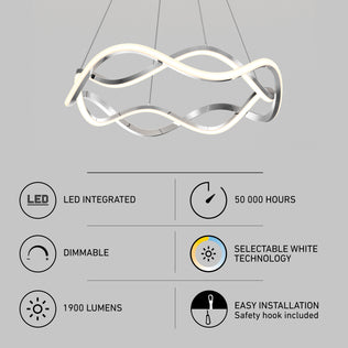 Artika Vanora LED pendant light 5 CCT, dimmable, 1900 lumens, 50,000 hrs, modern wave design, adjustable color temp, easy install.