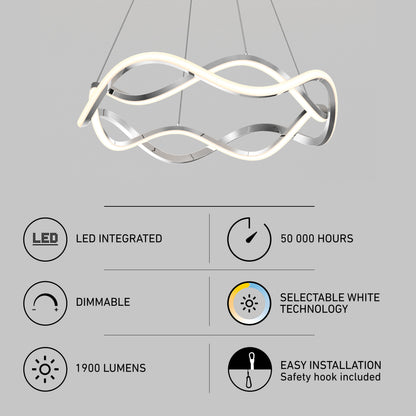 Artika Vanora LED pendant light 5 CCT, dimmable, 1900 lumens, 50,000 hrs, modern wave design, adjustable color temp, easy install.