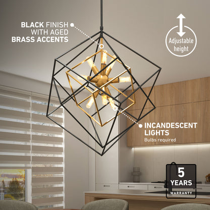 Artika’s Imperium 9-light chandelier in black and brass with incandescent bulbs hangs over a kitchen table.