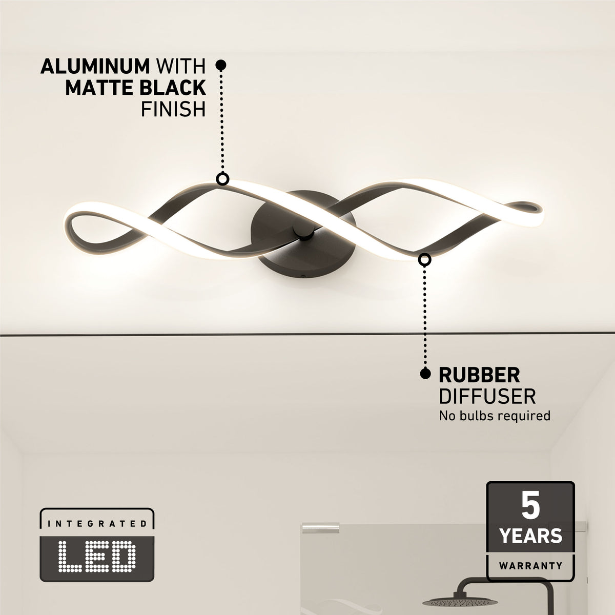 Swirl 27 pulg (68 cm) luminario de vanidad de 3 luces LED moderno para baño