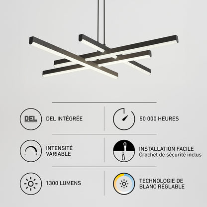 Modern Artika Grid LED pendant light featuring integrated LED, 1300 lumens, adjustable white color, 50,000-hour lifespan, dimmability, and easy setup.