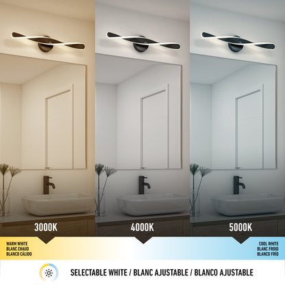 A bathroom with a single vanity and mirror features the Artika Finley LED modern bathroom vanity light 3 CCT, shown under warm (3000K), neutral (4000K), and cool white (5000K) settings to demonstrate selectable white LED lighting.