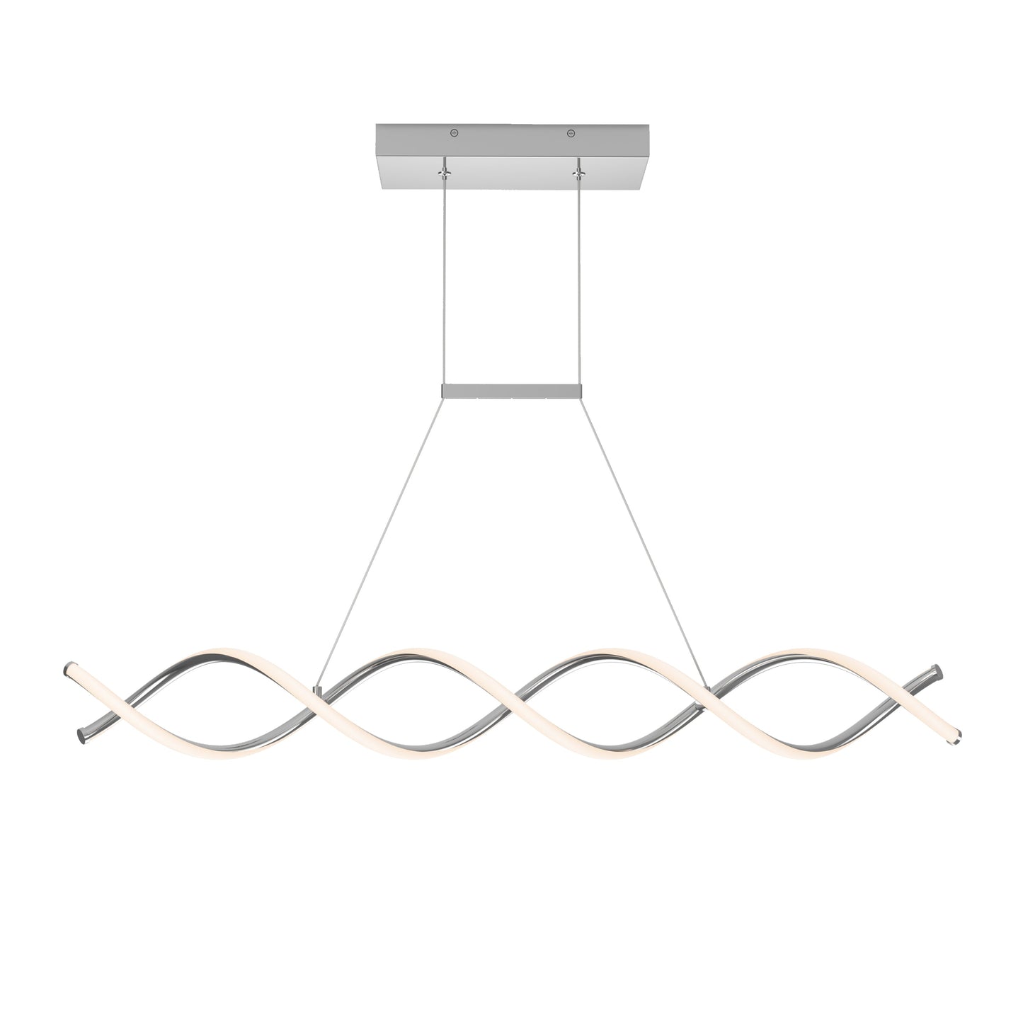 The Artika-CAN-dev DNA Linear LED modern pendant light features a wave-inspired double helix design in silver and white, suspended by two thin wires from a matte black rectangular ceiling mount with integrated energy-efficient LEDs.