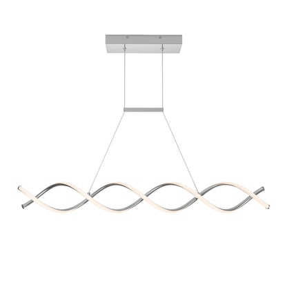 The Artika-CAN-dev DNA Linear LED modern pendant light features a wave-inspired double helix design in silver and white, suspended by two thin wires from a matte black rectangular ceiling mount with integrated energy-efficient LEDs.