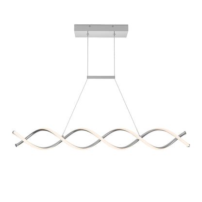 The Artika DNA Linear LED modern pendant light features a wavy double-helix design in silver and white, suspended from a rectangular ceiling mount by two slim wires.