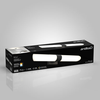 Rectangular black box for Artika’s Wilton LED modern bathroom vanity light 5 CCT, showing the fixture, product name, specs, and icons with a sleek design on a gray gradient background.