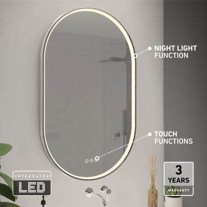 The Artika Royce LED mirror 3 CCT with defogger features an illuminated oval edge, night light, and touch controls. Integrated LED and 3-year warranty shown bottom right. Modern sink and faucet beneath the mirror complete the look.