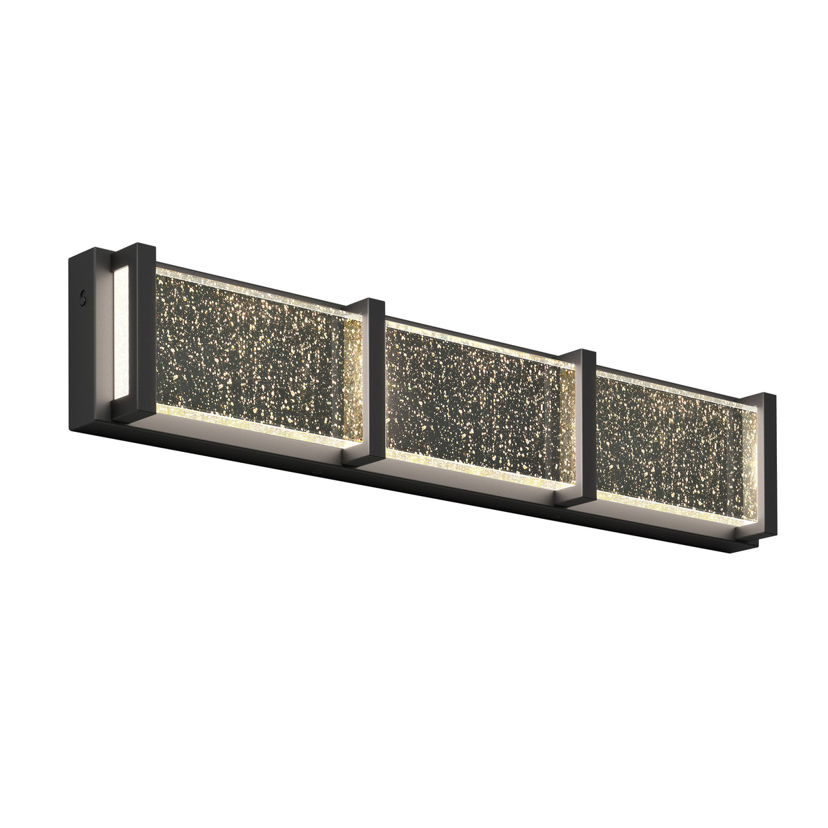 A modern wall-mounted light fixture with three rectangular, textured glass panels set in a black metal frame, emitting a soft, glowing light.