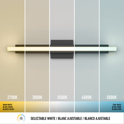 The Ophelia modern LED bathroom vanity light 5 CCT by Artika is shown wall-mounted, with five selectable white color temperatures—2700K (warm), 3000K, 3500K, 4000K, and 5000K (cool)—indicated by text labels and icons.