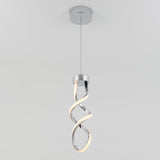 A modern pendant light with a twisted, ribbon-like LED design hangs from a ceiling mount on a thin wire against a plain white background.