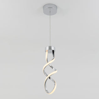 The Artika Mini Swirl LED pendant light features a chrome finish and a double helix design, suspended from a slim wire against a plain white ceiling.