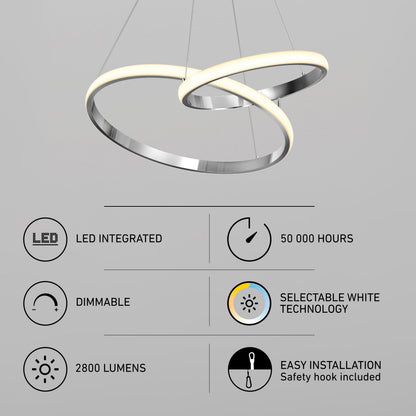 Artika Mora 28″ LED Pendant, 5CCT, dimmable with two rings, 2800 lumens, color temp tech, and easy installation.