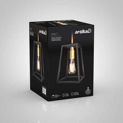 A black and gold Artika Carter 1-light pendant is shown on the front of a black product box, featuring images and details of this hanging lamp.