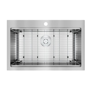Top view of the Artika Newport 33 in. single bowl stainless steel workstation sink, featuring a central drain and a protective grid at the bottom.