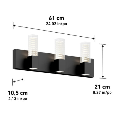 The Artika Hologram LED modern bathroom vanity light features three glass lamps in a black fixture, measuring 61 cm wide, 21 cm tall, and 10.5 cm deep.