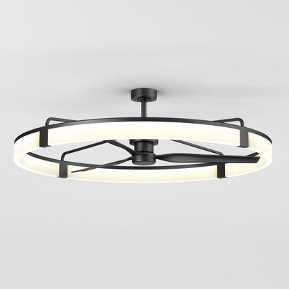 Artika Sunnyvale 52 in. LED ceiling fan features a black frame, geometric supports, remote control, and circular light on a white ceiling.