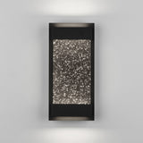 A modern rectangular wall sconce with a black frame and a center panel featuring a pattern of small, illuminated dots resembling a starry night sky. Light glows softly above and below the fixture.