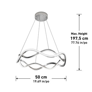 The Artika Vanora LED pendant light features a wavy, intertwined design in silver and white, suspended by four cables. It measures 50 cm (19.69 in) wide with a maximum height of 197.5 cm (77.76 in).