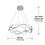 Modern pendant light with a wavy, intertwined design, suspended by four cables from a round ceiling mount. The light is 50 cm wide and can hang up to a maximum height of 197.5 cm.