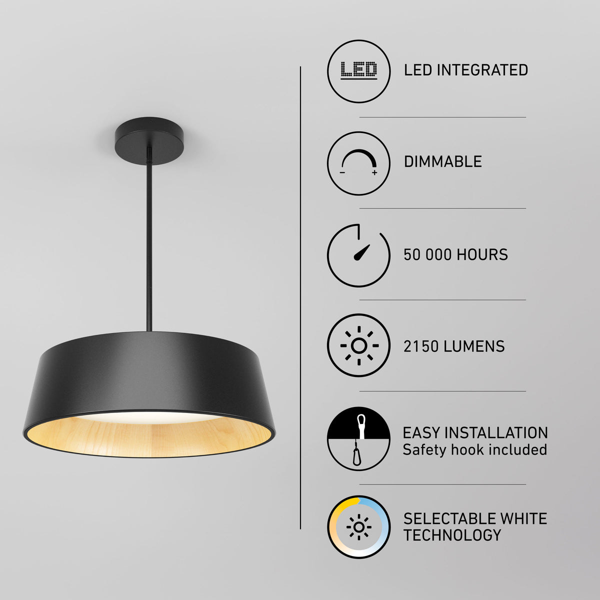 Artika’s Alton modern LED pendant light 5 CCT: dimmable, long-lasting, easy to install, with selectable white technology.