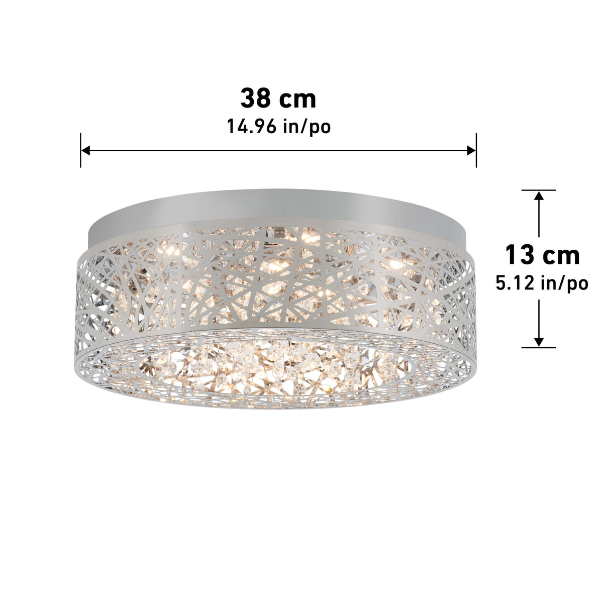 Round, modern ceiling light fixture with a silver, lattice-patterned metal frame and embedded crystals. Dimensions are shown: 38 cm (14.96 in) wide and 13 cm (5.12 in) high.
