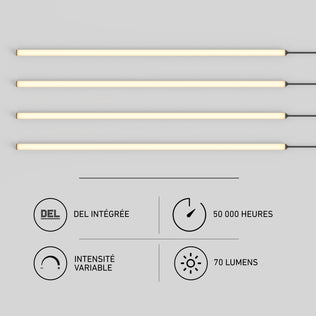 Four horizontal LED bars show icons and French for: integrated LED, 50K hours, dimmable, 70 lumens—Artika Lumilok pack of 4.