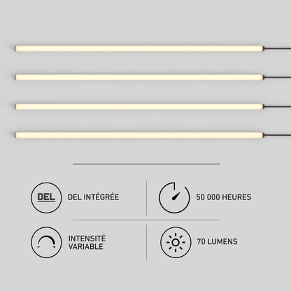 Four horizontal LED bars show icons and French for: integrated LED, 50K hours, dimmable, 70 lumens—Artika Lumilok pack of 4.