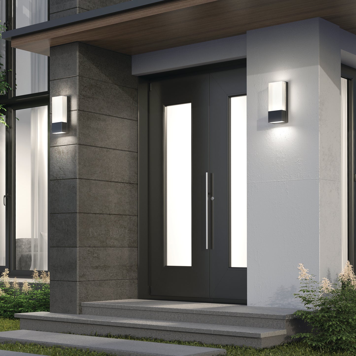 Modern front entrance with a black door featuring vertical frosted glass panels, gray stone, white walls, steps, Artika Dixon indoor-outdoor LED wall lights mounted on either side of the door, and small plants by the steps.