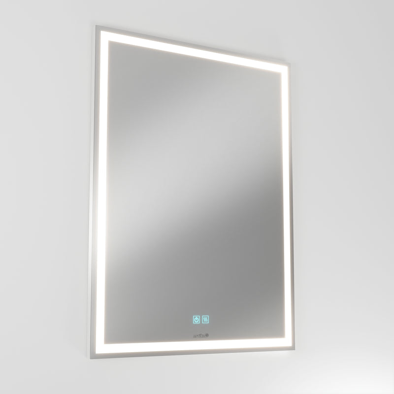 The Artika Aurea 24x31 in. Anti-Fog LED Bathroom Mirror is mounted at a slight angle on a white wall.