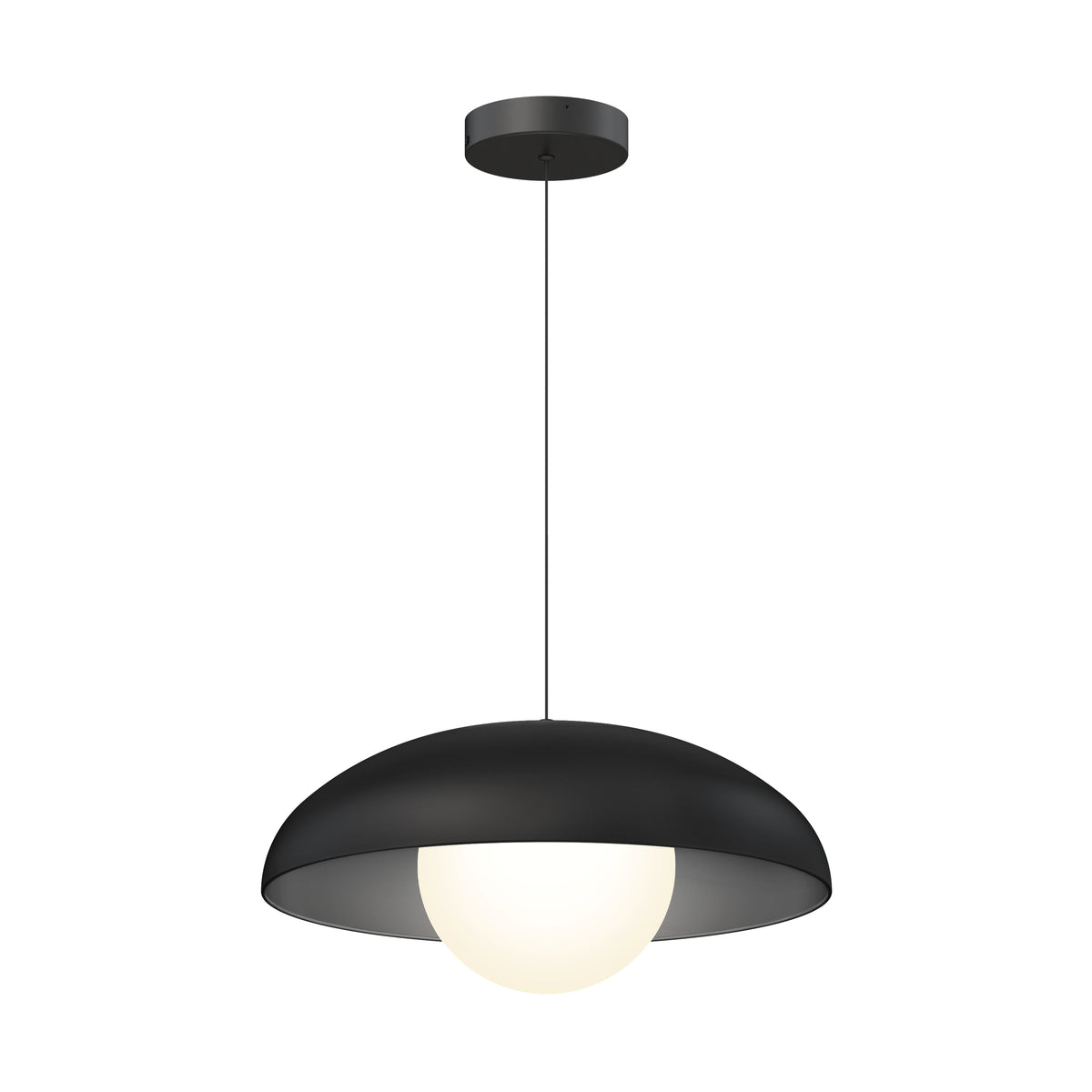 A modern pendant light with a round, black, dome-shaped shade and a white globe bulb hanging from a thin black wire attached to a ceiling mount.