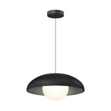 A modern pendant light with a round, black, dome-shaped shade and a white globe bulb hanging from a thin black wire attached to a ceiling mount.