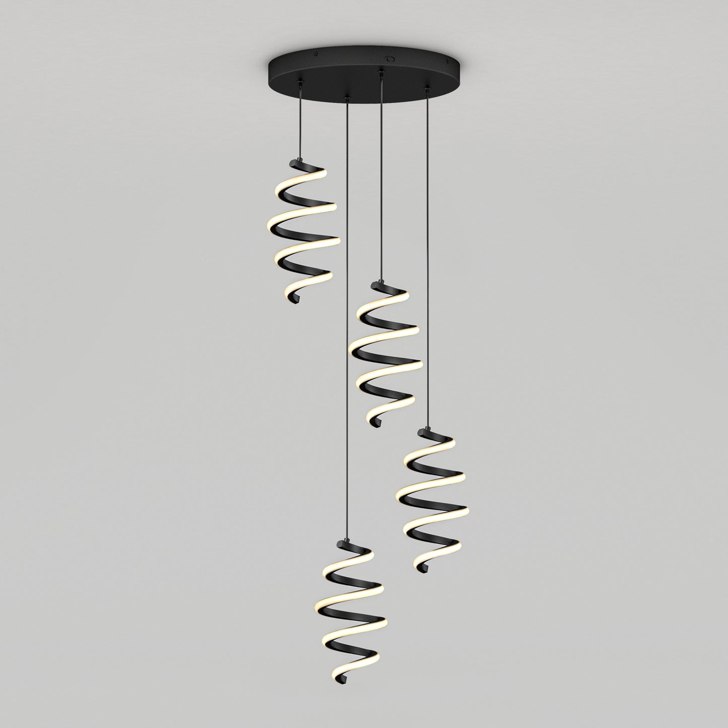 The Artika Chorus 4 light LED pendant features three spiral LED pendants hanging from a round black base, creating a modern ceiling fixture ideal for contemporary spaces.