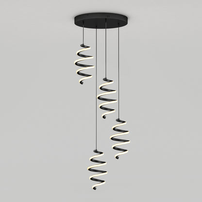 The Artika Chorus 4 light LED pendant features three spiral LED pendants hanging from a round black base, creating a modern ceiling fixture ideal for contemporary spaces.
