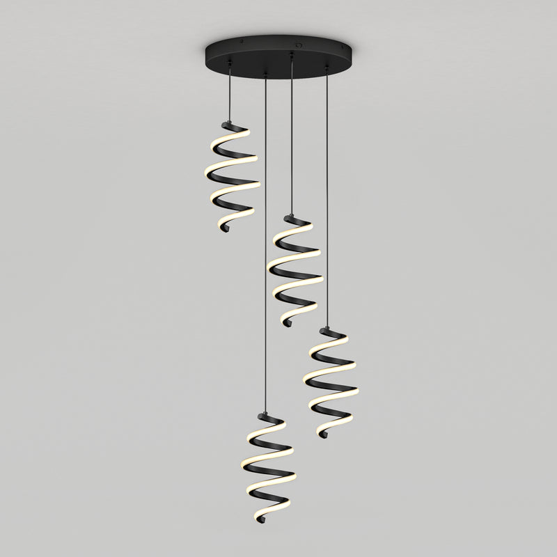The Artika Chorus 4 light LED pendant features three spiral LED pendants hanging from a round black base, creating a modern ceiling fixture ideal for contemporary spaces.