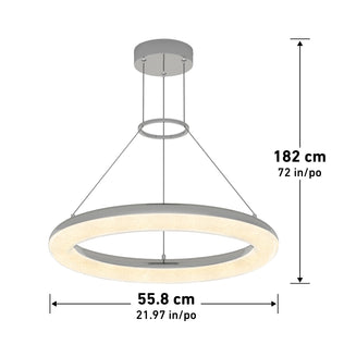 The Artika Famous Optical LED pendant light 5 CCT features a modern circular design with a glowing LED ring, suspended by three cables. It measures 55.8 cm (21.97 in) in diameter and hangs 182 cm (72 in) from the ceiling.