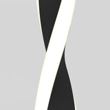 A close-up of two twisting, ribbon-like shapes—one black and one white—intertwined against a light gray background. The design appears abstract and symmetrical.