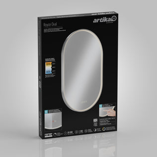 Artika Royce LED mirror 3 CCT with defogger in black box, shown with product image and touch controls demo.