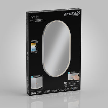 The image shows packaging for the Artika Royce LED mirror 3 CCT with defogger, featuring an illuminated oval mirror on a black box with product details, energy information, and a hand using the touch controls.
