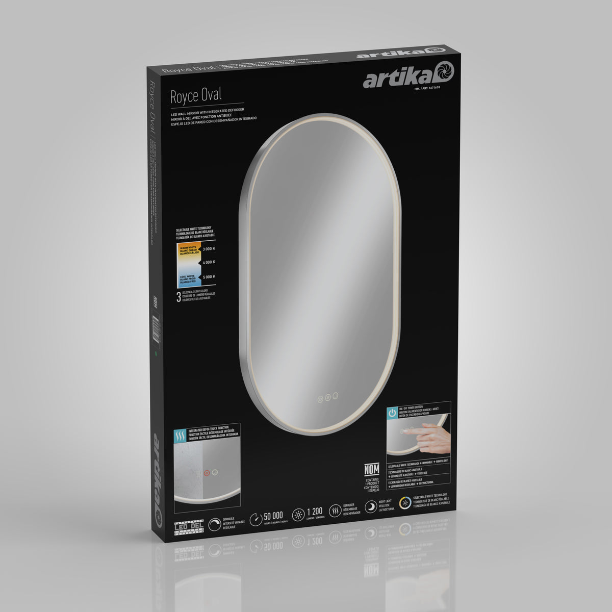 A black box for an Artika Royce Oval LED mirror features an image of the mirror with a glowing edge. The packaging displays product details, energy ratings, features, and a hand operating touch controls.