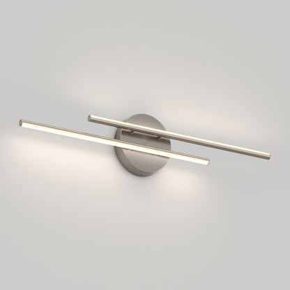 The Artika Cisco modern LED bathroom vanity light 5 CCT features two parallel horizontal LED bars on a round metallic base, emitting soft white light when wall-mounted for a contemporary look.