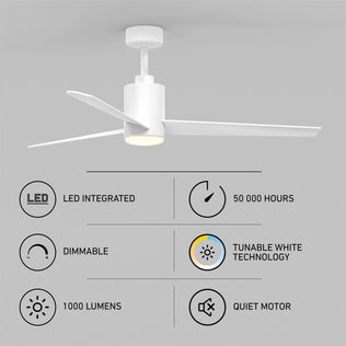 Artika Ellison 52 in. LED ceiling fandelier: remote, dimmable 1000 lm tunable light, quiet motor, 50,000-hour life. Icons display features.