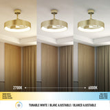 A ceiling light fixture shown in three color temperatures: warm white (2700K), neutral, and cool white (6000K), illuminating a modern room with beige walls and curtains. Labels and a color temperature scale are below.