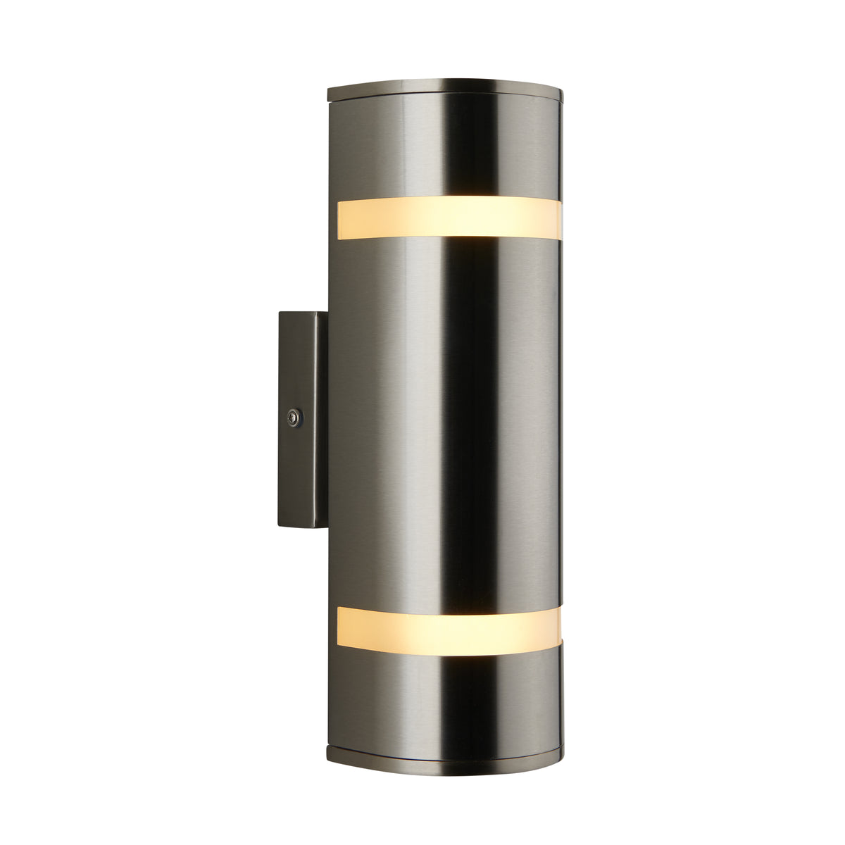 The Artika Q1 indoor-outdoor wall light features a modern cylindrical design in brushed metal with two horizontal frosted bands, emitting soft light from a rectangular wall plate.