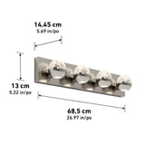 Wall-mounted light fixture with four round bulbs on a rectangular metallic base. Dimensions are labeled: 14.45 cm deep, 13 cm high, and 68.5 cm wide, with imperial units also shown.