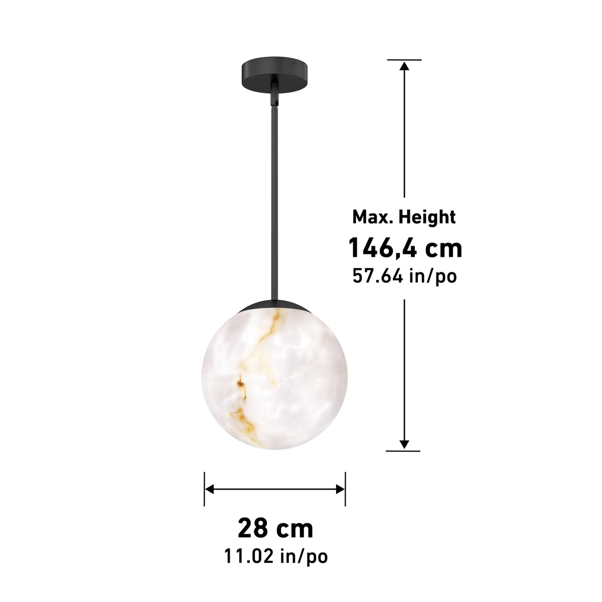 A round pendant light with a white and gold marbled globe shade, black rod, and ceiling mount. The light has a maximum height of 146.4 cm (57.64 in) and a globe diameter of 28 cm (11.02 in).