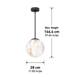 A round pendant light with a white and gold marbled globe shade, black rod, and ceiling mount. The light has a maximum height of 146.4 cm (57.64 in) and a globe diameter of 28 cm (11.02 in).