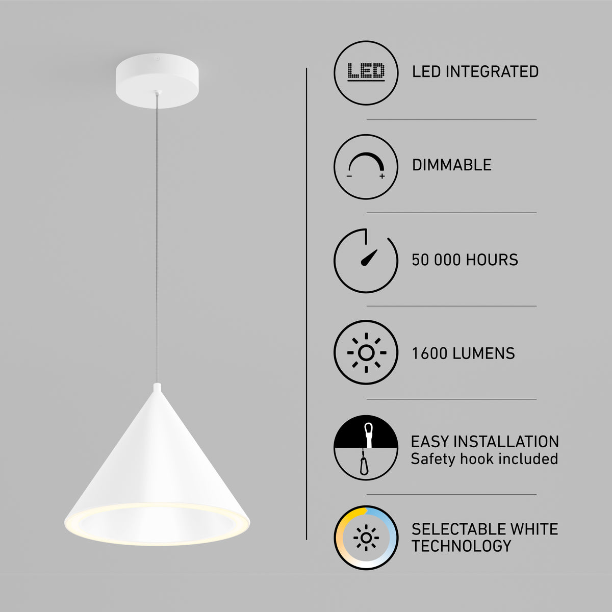 Artika Denali modern LED pendant: 3 CCT, dimmable, 50,000 hrs, 1600 lumens, integrated LED, easy install.