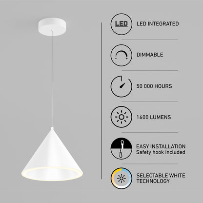 Artika Denali modern LED pendant: 3 CCT, dimmable, 50,000 hrs, 1600 lumens, integrated LED, easy install.