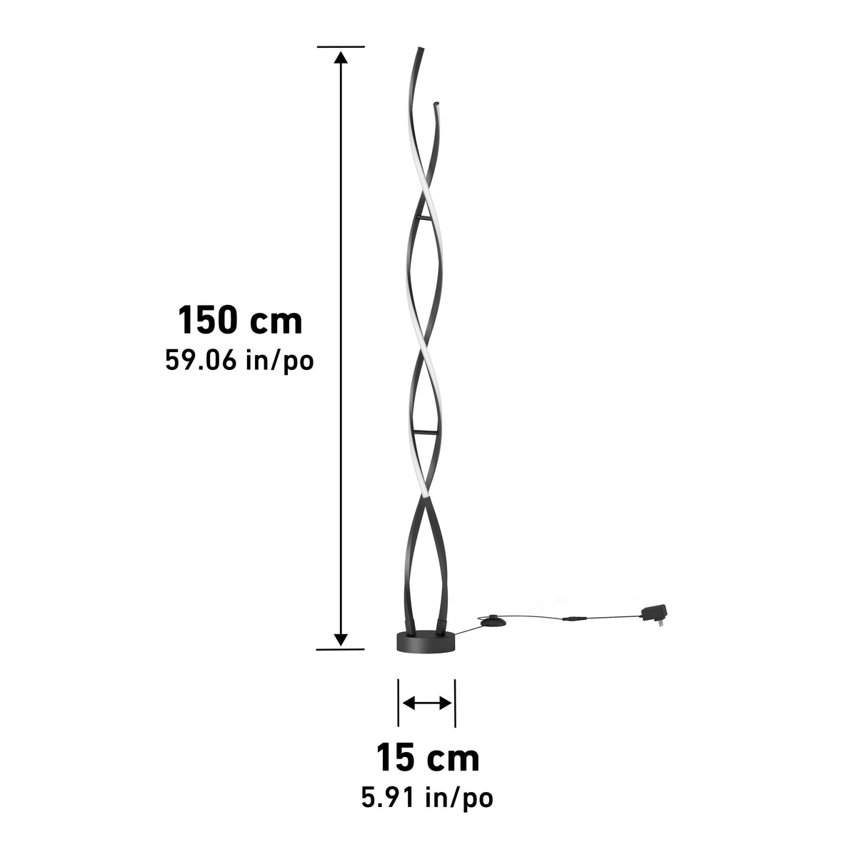 Tall, modern black floor lamp with twisting LED design, shown with dimensions: 150 cm (59.06 in) tall and 15 cm (5.91 in) wide, power cord and switch visible at the base.